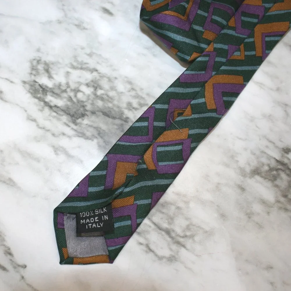 KENNETH COLE Necktie Retro Abstract Geometric Green Purple Stripe Silk Neck Tie